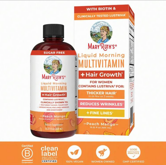 1 pieza del Multivitamínico Líquido de MaryRuth + Crecimiento del Cabello con Lustriva probado clínicamente - Cabello talla grande grueso - Reducción de arrugas y líneas finas - Cuidado del cabello - Esenciales navideños de 15.22 fl oz