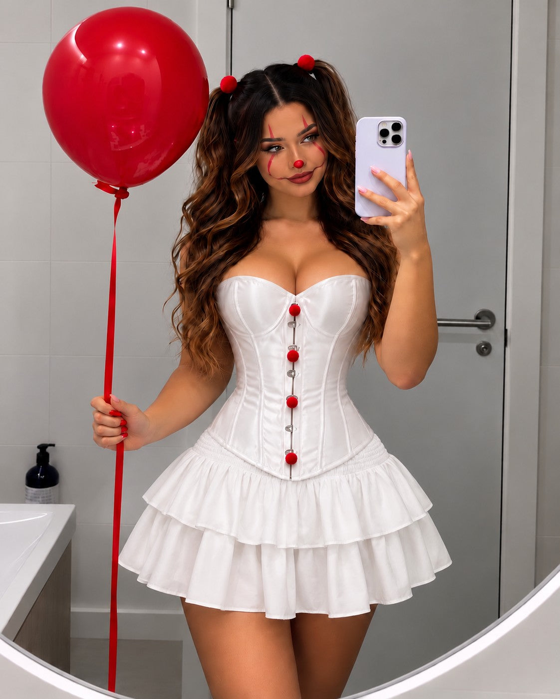 Disfraz de payasa con corset blanco y falda blanca