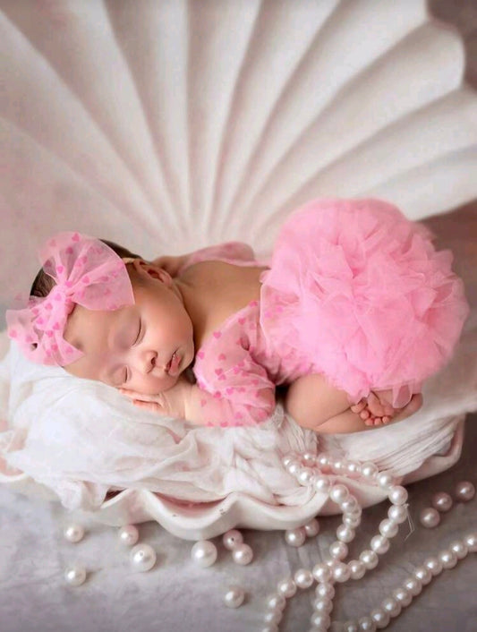 Set de body con encaje a lunares y diadema con moño para recién nacidos, utilizado como accesorios para fotografía