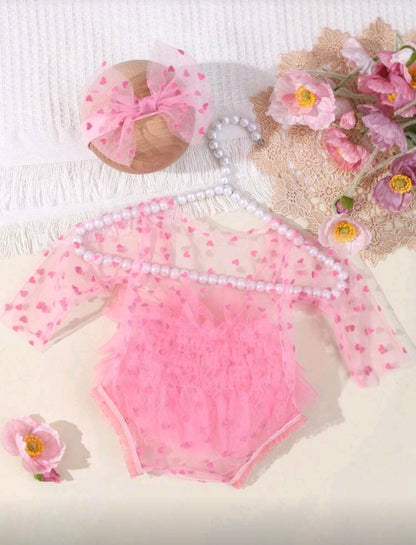 Set de body con encaje a lunares y diadema con moño para recién nacidos, utilizado como accesorios para fotografía